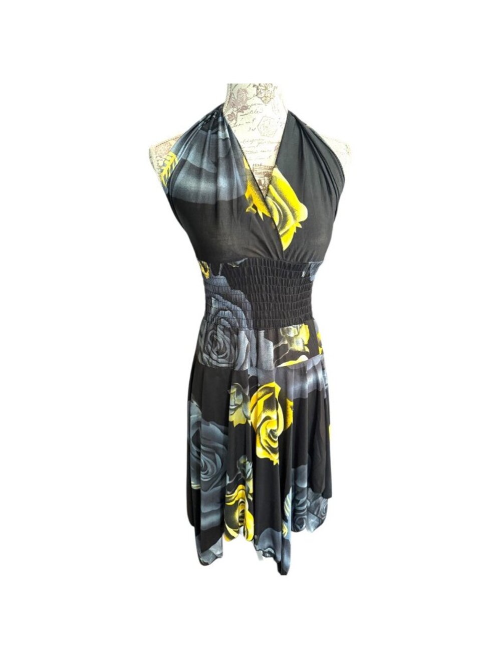 Floral Print High Low Dress, Halter Dtyle Sundress yellow & Smoked Gray Rose M